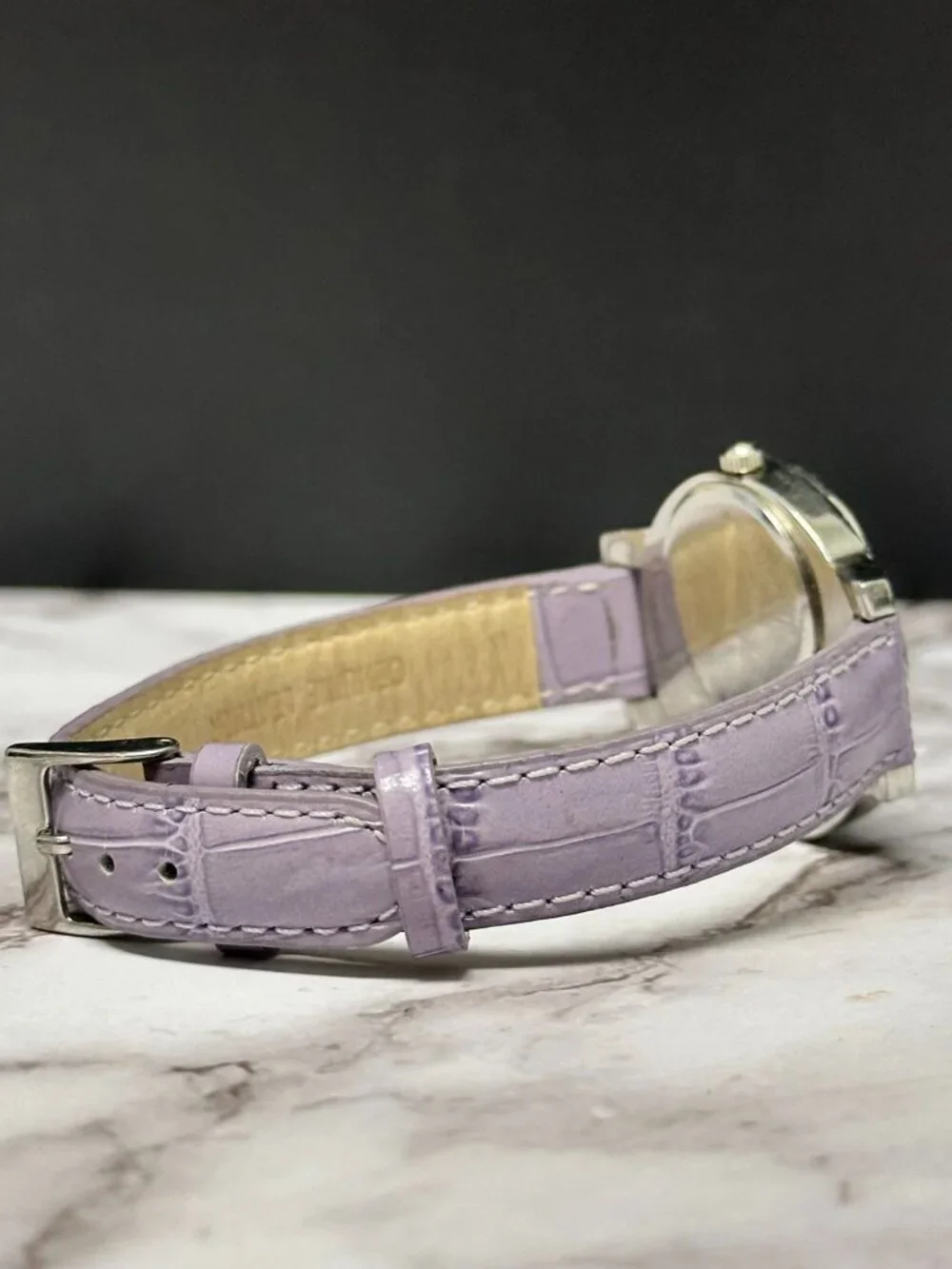 Rhinestone Watch Women Silver Tone Mother of Pearl Dial Leather Band New Battery